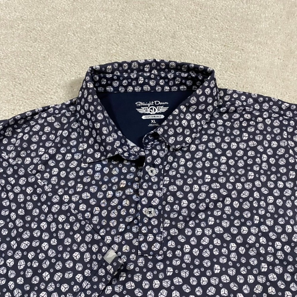 Straight Down Golf Polo Shirt Mens XL Navy Blue Dice Print Stretch Performance